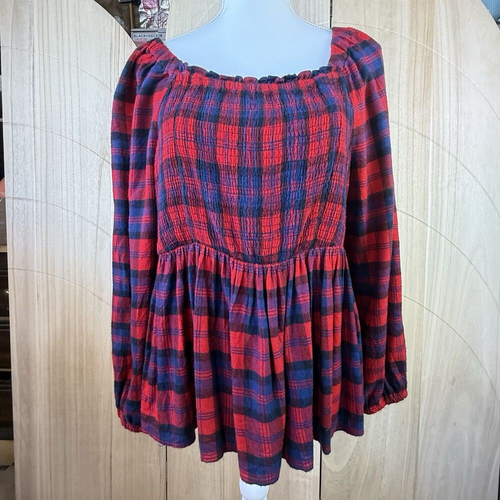 Torrid Plaid Smocked Peplum Blouse Red Blue Long Sleeve Babydoll Top Size 2 / 2X
